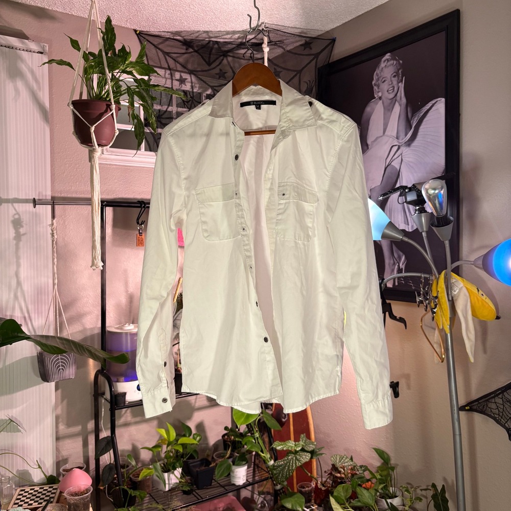 BLACK Mens Long Sleeve Button Up Shirt Size Medium White Casual Dress Work